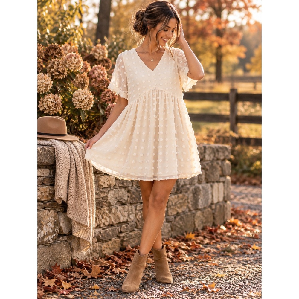 Kirundo Swiss Dot Babydoll Dress Cream V-Neck Short Sleeve Mini L NWT